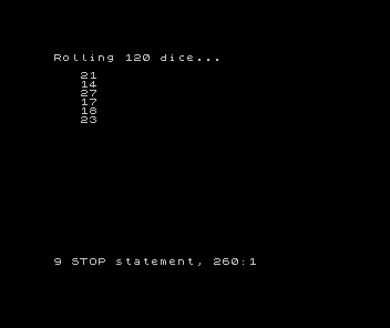 Black ZX Spectrum screen: a column of six totals — 21, 14, 27, 17, 18, 23 — from a 120-roll run the player chose