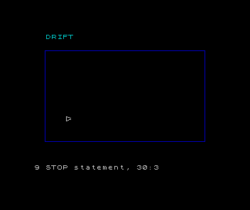 A small east-facing white triangle inside a blue rectangular arena, with a STOP report below.