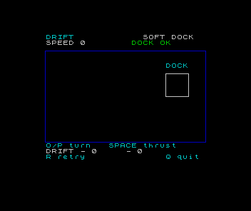 The Drift arena with the dock and readouts but no ship. The speed reads 0 and the cue says DOCK OK.