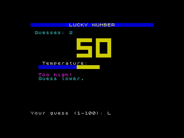 Lucky Number mid-game — temperature bar, big digits, and feedback