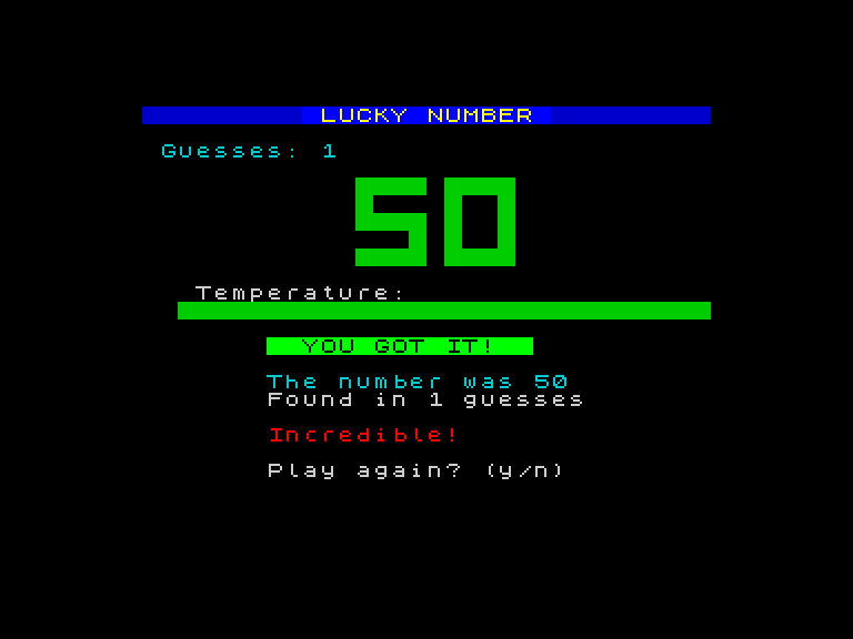 The win screen — green digits, green temperature bar, flashing YOU GOT IT!, scoring tier, and play again prompt