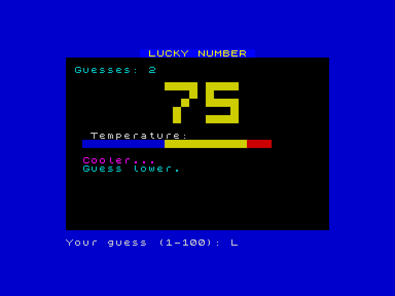 The game showing "Cooler..." in magenta after guessing 75