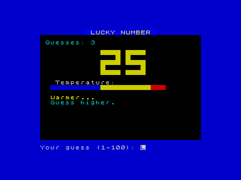 The game showing "Warmer..." in yellow after guessing 25