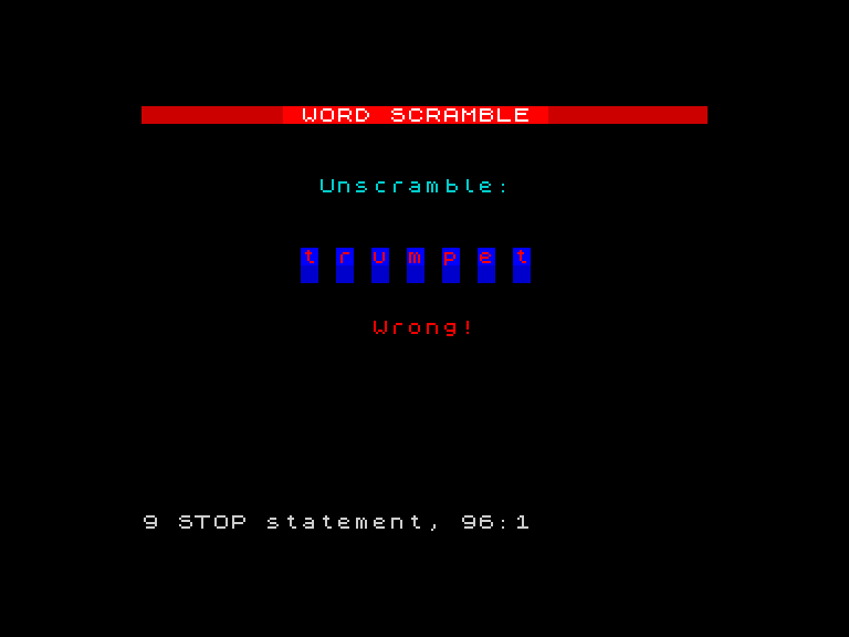 Wrong answer — red letters revealed on blue tiles