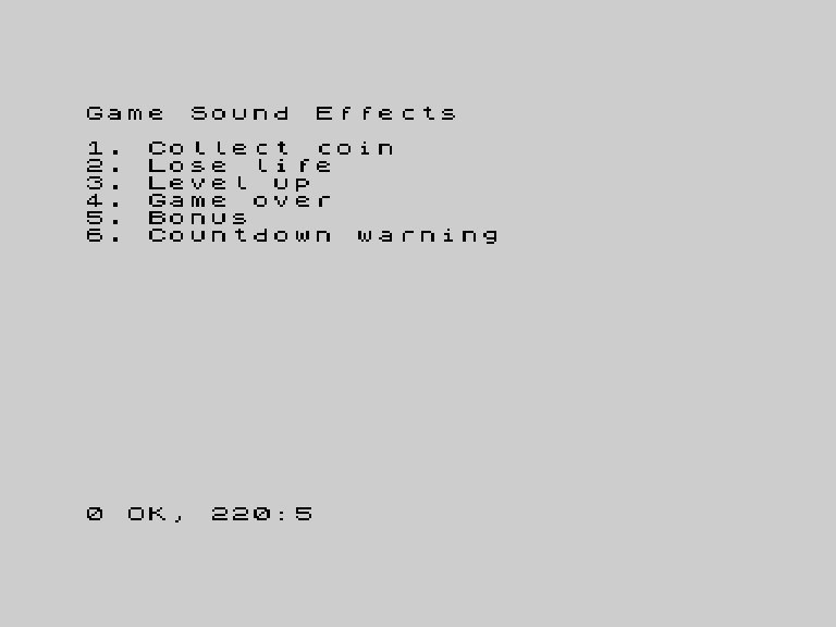 Sound effects demo listing all six effects