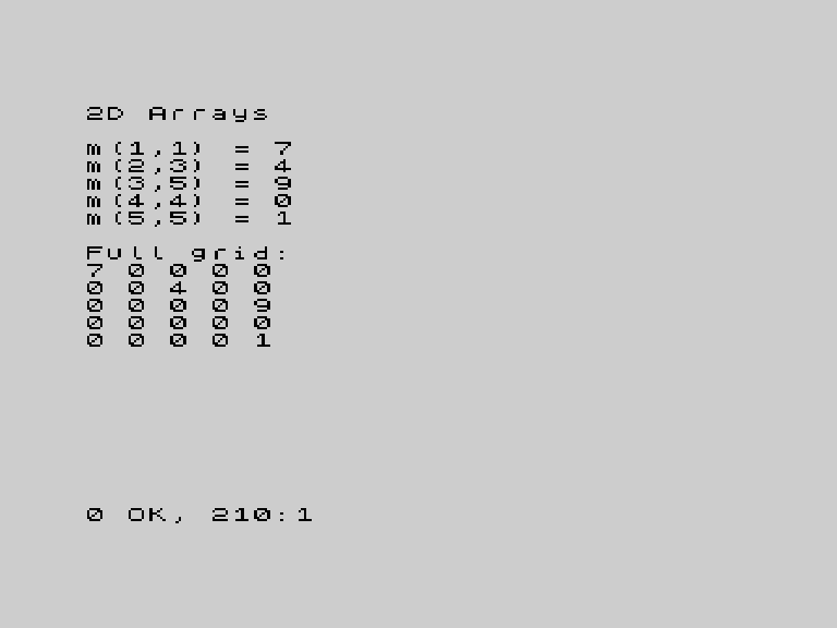 2D array output showing stored values and full grid