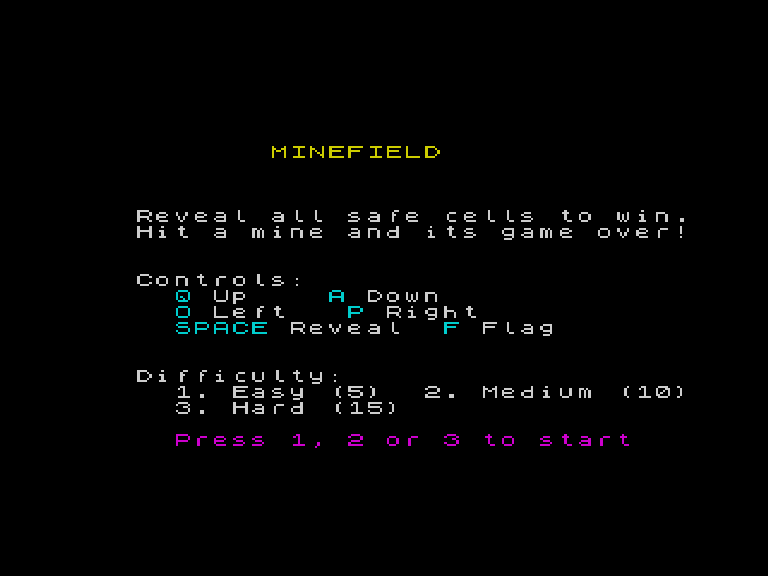 Title screen with instructions and controls
