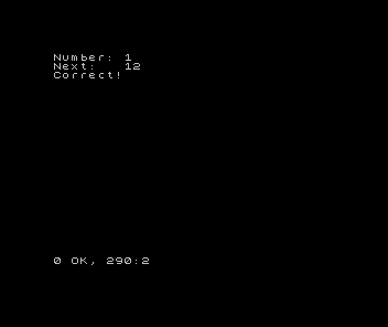 Black ZX Spectrum screen: Number: 1, Next: 12, Correct!