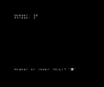 Black ZX Spectrum screen: Number: 12, Streak: 1, and the higher-or-lower prompt