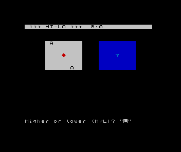 ZX Spectrum HI-LO screen: a face-up Ace of diamonds beside a blue face-down card, under a HI-LO status bar