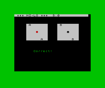 ZX Spectrum HI-LO with both cards face up — Ace of diamonds and eight of spades — a green border, and Correct! in green
