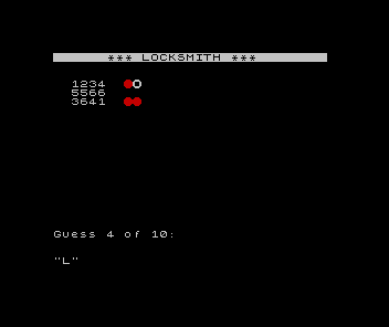 ZX Spectrum Locksmith: a LOCKSMITH title bar above a history of guesses, each scored with red filled and white hollow pegs