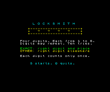 Locksmith title with a four-position lock, rules for repeated digits and exact or other matches, and S and Q controls.