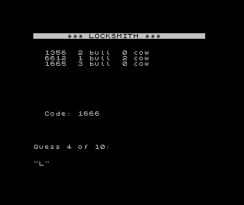 ZX Spectrum Locksmith: an inverse title, a history of three guesses each with bull and cow counts, and the next prompt