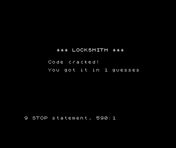 ZX Spectrum Locksmith win screen: Code cracked! You got it in 1 guesses