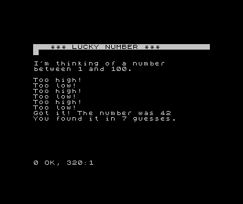 ZX Spectrum screen: the LUCKY NUMBER title, the rules, a trail of Too high / Too low hints, then 'Got it! The number was 42' and 'You found it in 7 guesses.'
