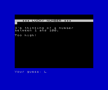 ZX Spectrum screen with a blue border, the LUCKY NUMBER title and rules, and 'Too high!' — a guess of 95 against a secret of 42.