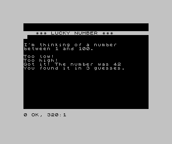 ZX Spectrum win screen: the guess trail, then 'Got it! The number was 42' and 'You found it in 3 guesses.'