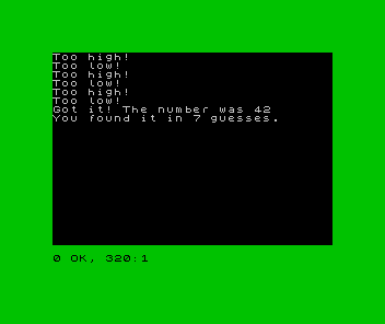 ZX Spectrum win screen with a green border: the guess trail on a clean screen, then 'Got it! The number was 42' and 'You found it in 7 guesses.'