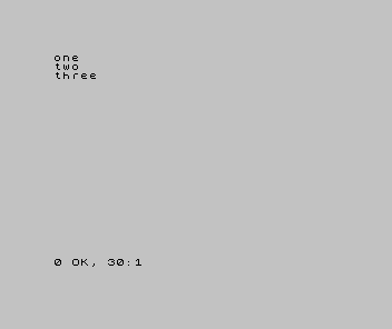 The Spectrum screen showing one, two, three on three lines, with the report 0 OK, 30:1.
