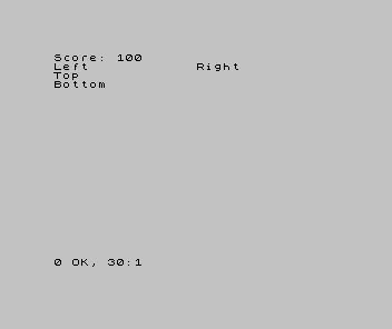 The Spectrum screen showing Score: 100, then Left and Right in two columns, then Top and Bottom on separate lines.