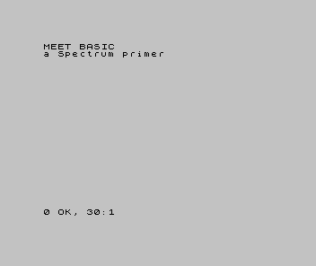 The Spectrum screen showing MEET BASIC on one line and a Spectrum primer below, on an otherwise clear screen.