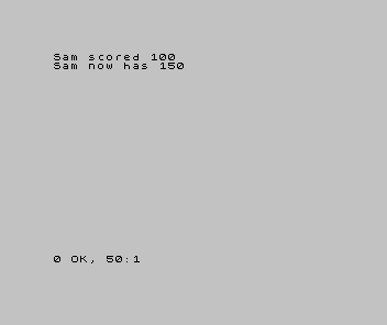 The Spectrum screen showing Sam scored 100 and Sam now has 150, with the report 0 OK, 50:1.