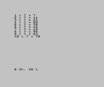 The Spectrum screen showing the seven-times table from 1 x 7 = 7 down to 10 x 7 = 70.