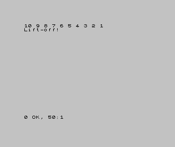 The Spectrum screen showing 10 9 8 7 6 5 4 3 2 1 then Lift-off!, with the report 0 OK, 50:1.