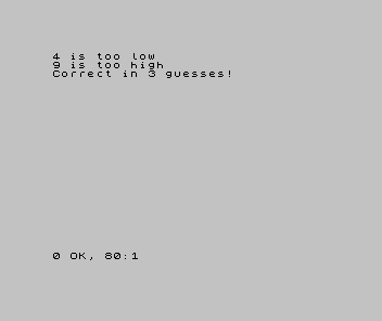The Spectrum screen showing 4 is too low, 9 is too high, Correct in 3 guesses!, with the report 0 OK, 80:1.