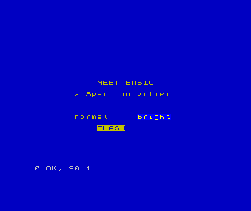 The Spectrum screen showing the title card, the words normal and bright, and FLASH shown as blue letters on a yellow block.