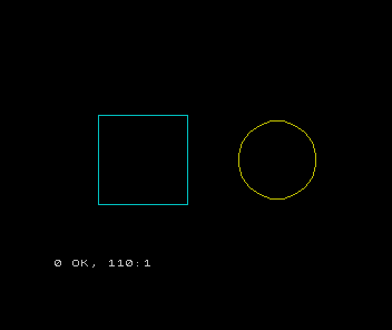 The Spectrum screen showing a cyan square on the left and a yellow circle on the right, on black.