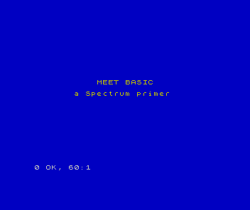 The Spectrum screen showing the MEET BASIC title card in yellow on blue.