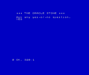 A blue ZX Spectrum screen: the title THE ORACLE STONE, the prompt, and the answer YES.