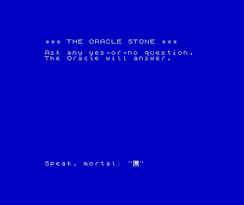 A blue ZX Spectrum screen: the title THE ORACLE STONE, two lines of instructions, and the prompt 'Speak, mortal:' with a cursor.