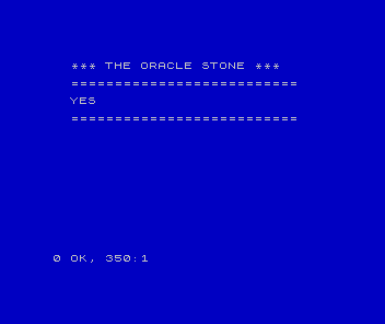 A blue ZX Spectrum screen: the title THE ORACLE STONE, a row of equals signs, the answer YES, and another row of equals signs.
