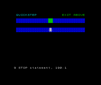 A white player on the lower of two dotted strips, a green exit above, and a STOP report beneath.
