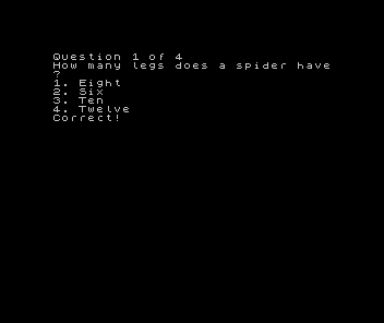 ZX Spectrum Quiz Master: Question 1 of 4 with four options and Correct! below