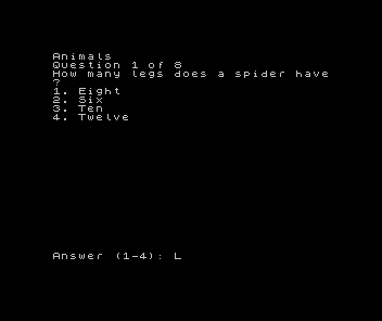 ZX Spectrum Quiz Master: a category name above Question 1 of 8 with four options