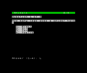 ZX Spectrum Quiz Master: a green 'Animals' header bar with a running score of 0/8 above a white question card with four numbered options