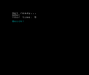 Black ZX Spectrum screen: Your time: 5 with Quick! printed in cyan below