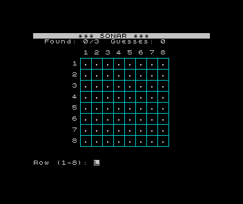 ZX Spectrum Sonar: a cyan 8x8 grid with a SONAR title bar and a Found/Guesses status line, ready for coordinate probing