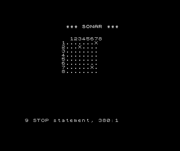 ZX Spectrum Sonar: an 8x8 grid of dots with three X targets shown for testing