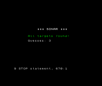 ZX Spectrum Sonar: the win screen reading All targets found! with a guess count