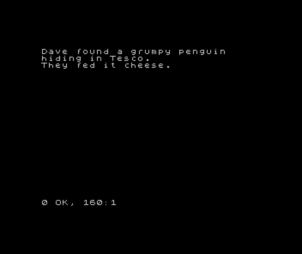 The Spectrum screen showing the three-line story about Dave the penguin, on a clean screen