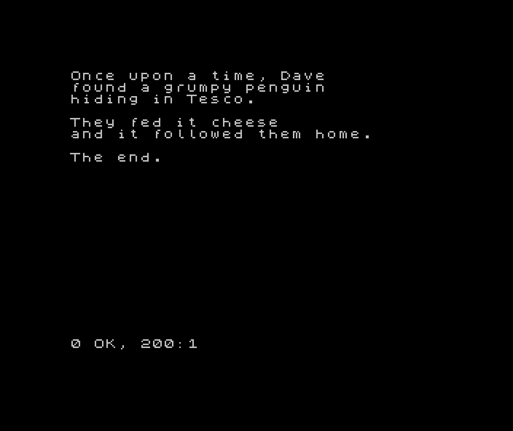 The Spectrum screen showing the finished story about Dave the grumpy penguin