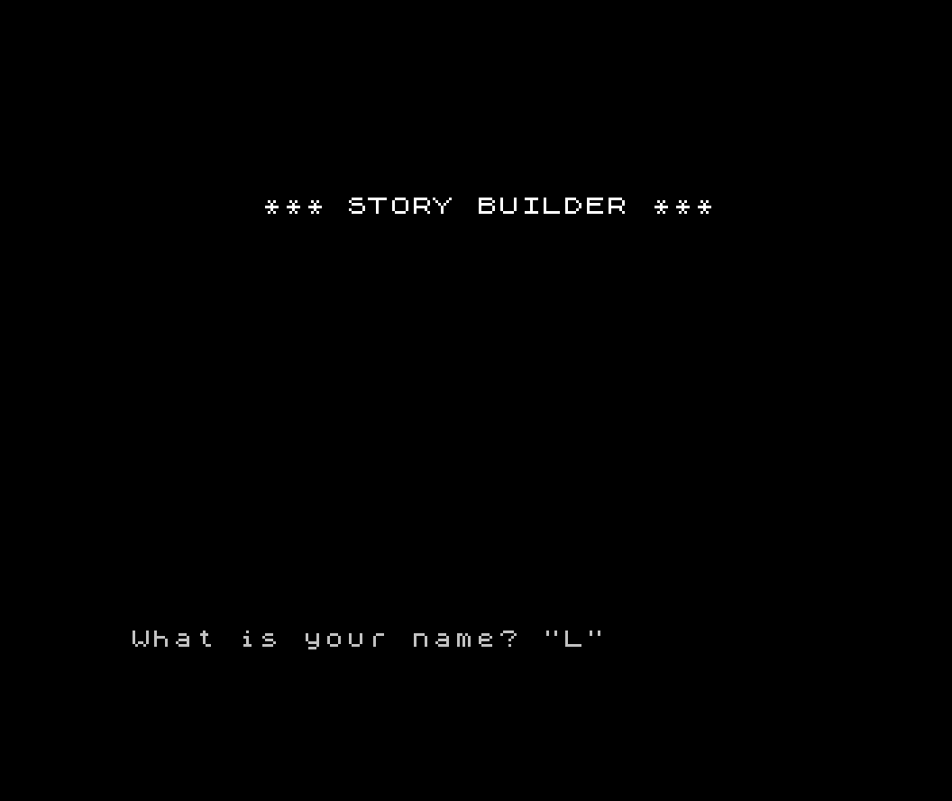 The Spectrum title screen reading STORY BUILDER above the first question