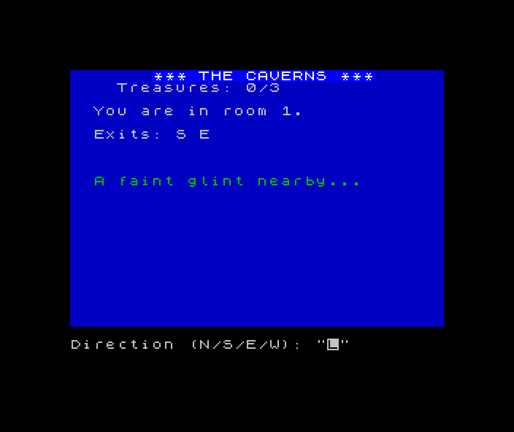 ZX Spectrum screen titled THE CAVERNS: 'Treasures: 0/3', 'You are in room 1.', 'Exits: S E', and 'A faint glint nearby...' in green on dark blue