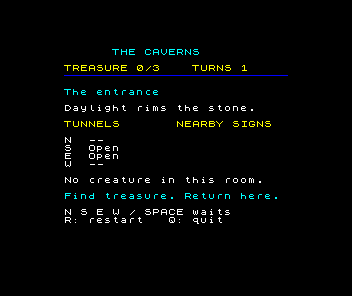 The full Caverns screen at the entrance. The turn count already reads 1; the room and its tunnels have not yet been replaced.