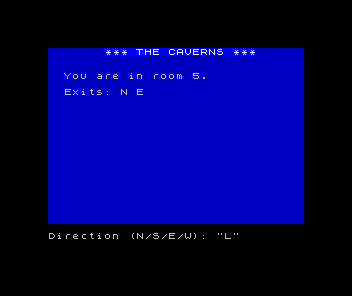 ZX Spectrum The Caverns: 'You are in room 5.' with 'Exits: N E' after moving south from room 1